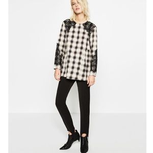 ZARA BEAUTIFUL CHECKED TOP WITH LACE DETAIL NEW WITH TAGS MEDIUM LONG SLEEVE